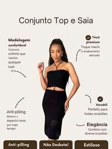 Conjunto Elegante Feminino Tomara que Caia + Saia Midi Uzze Tricot - Preto - Visão 3