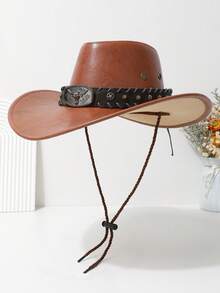 1pc Women's Denim Hat, Fashion Leather Heart-Shaped Crown Rolled Brim Cowboy Hat, Unique Outdoor Travel Party Performance Cap, Paired With Wide Belt & Bull Head Metal Belt Decor, Unisex Versatile Style - Brown - View 14