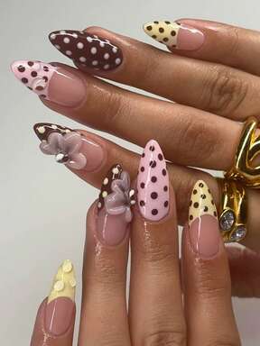 24pcs Medium-Long Almond Shape Nail Stickers Gift Box, New Autumn Beige French Tip Polka Dot 3D Floral Bubble Dreamy Colorful Nail Decals, Suitable For Autumn/Winter Party And Daily Wear, Includes Jelly Gel And 1pc Anti-Slip Sticker