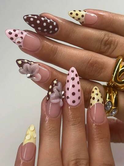 24pcs Medium-Long Almond Shape Nail Stickers Gift Box, New Autumn Beige French Tip Polka Dot 3D Floral Bubble Dreamy Colorful Nail Decals, Suitable For Autumn/Winter Party And Daily Wear, Includes Jelly Gel And 1pc Anti-Slip Sticker Nails Nail Supplies