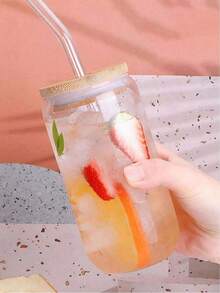 4 piezas Vaso de vidrio con tapa y pajita, bebida, vaso para café helado, tapa de bambú linda, pajita reutilizable y cepillo de limpieza de pajitas, adecuado para restaurante/hotel/uso doméstico