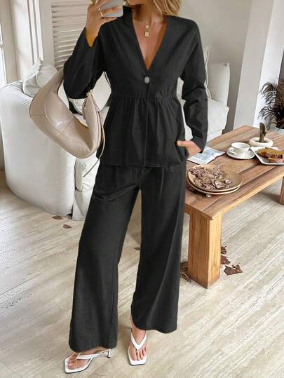 Look Polly 女士秋季女装冬季服装返校季复古风可爱上衣女士休闲度假简约纯色单排扣可追溯棉质女士两件套圣诞服装女士纽扣衬衫