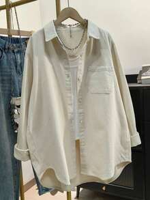 女士纯色口袋前开襟纽扣休闲衬衫，春季款 - 杏色 - 查看 3