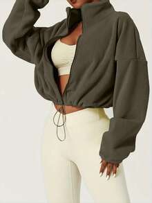 Women's Fleece Zip-Up Drawstring Waist Casual Sweatshirt, Elegant And Comfortable - Green - View 4