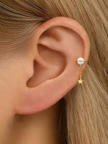 Khuyên tai hình sao Thổ bằng bạc Sterling 925 đính đá Opal trắng, khuyên môi mạ vàng 18K có ren bên trong, thích hợp cho phụ nữ và bé gái đeo hàng ngày, bán lẻ từng chiếc, không bán theo cặp. - Nhiều màu - Xem 5