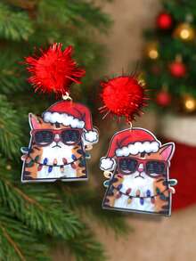 Acrylic Resin Santa Cat Earrings With Red Pom Poms – Cute Christmas Earrings, Funny Santa Cat Jewelry, Handmade Holiday Earrings, Xmas Accessories, Lightweight Christmas Jewelry, Resin Art Earrings For Christmas