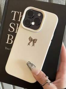 1pc White Matte Textured Leopard Print Bow Tie Design Phone Case, Suitable For IPhone 16 Pro Max, 17/16/15/14 Plus, 13/12/11, Air, Series - Multicolor - View 3