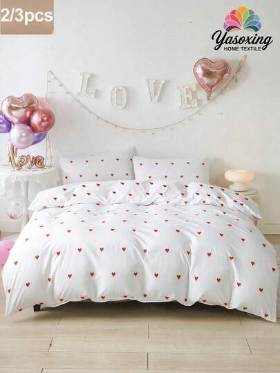 2/3Pcs/Set White Red Heart Shaped Love Pattern Print Duvet Cover Set Without Filler Breathable Supersoft All-Season (1pc*Duvet Cover + 1/2pcs*Pillowcase, No Pillow Core), Soft Two Tone Design Bedding Set For Ideal For Bedroom, Guest Room, Dormitory, 1pc Duvet Cover With 1/2pcs Pillowcase (Without Filler)Machine Washable King Queen Full Twin Size