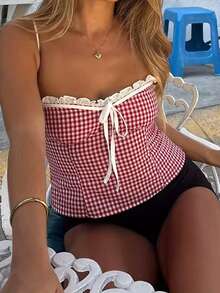 Women's Plaid Print Camisole Adjustable Spaghetti Strap Slim Fit Mini Tank Tops Streetwear - Red - View 5