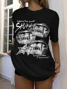 Loose Casual T-Shirt With "Savage" Lips And Stars Print, Retro Style, Soft 50% Cotton, Suitable For Summer - Black - View 5