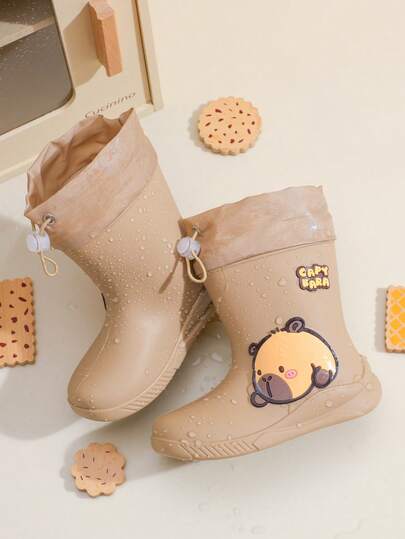 TEEOEC New Children's Mid-Calf Rain Boots, Thick Warm Rubber Rain Boots, Cute Cartoon Drawstring Design, Waterproof, High-End Rubber Shoes For Boys And Girls, Elementary School Students, Fresh Style Mid-Calf Rain Boots