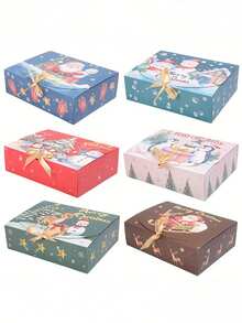 6pcs Festive Christmas Gift Boxes With Ribbon – Santa, Snowman, And Holiday Designs For Cookies, Candies, And Party Favors – Kraft Paper For Xmas Decor And Treat Packaging, Christmas Accessories