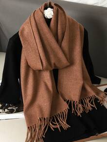 1 pieza Bufanda de cachemira de color amarillo brillante con flecos para mujer, tamaño 30*180cm, chal suave, adecuado para vestidos en , verano, otoño e invierno - Color café rojo - Ver 2