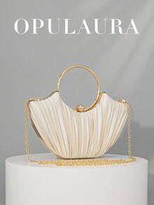 OpulAura 女士金属奢华晚装手拿包，优雅皮革派对手提包，闪光正式手拿包，适合礼服、舞会、婚礼、伴娘、生日礼服配饰 - 杏色 - 查看 2