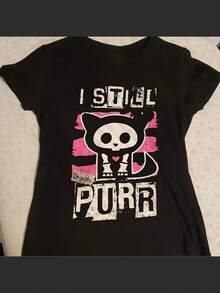 I STILL PURR Women'SRetro Anime Graphic T-Shirt - Casual Crew Neck, Short Sleeve, Black With Pink & White Cartoon Character Design, Polyester, Machine Washable-1 - 黑色 - 查看 1