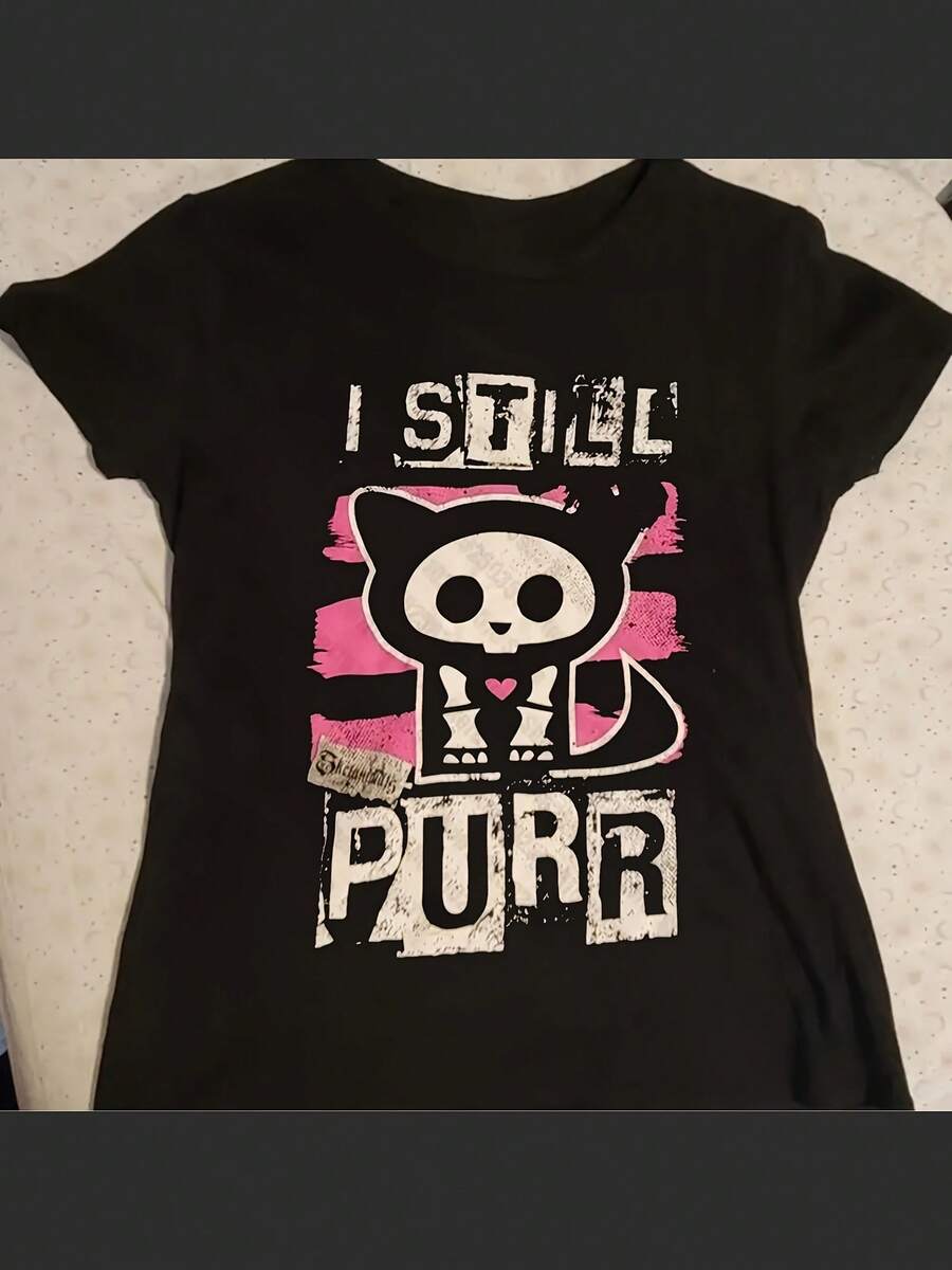 I STILL PURR Women'SRetro Anime Graphic T-Shirt - Casual Crew Neck, Short Sleeve, Black With Pink & White Cartoon Character Design, Polyester, Machine Washable-1 - 黑色 - 查看 1