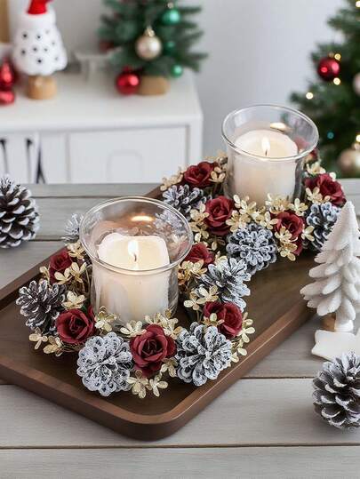 1pc/2pcs Christmas Candlestick Wreath Artificial Pine Cone Red Rose Flower Gold Flower, Winter Artificial Rose Flower Greenery Leaf Plant Candlestick Wreath, Faux Pine Fake Green Leaf Candle Ring Xmas Ornaments, For Christmas Decoration Christmas Decorations Room Decor