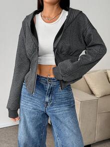 1pc Vintage Loose Fit Zip-Up Sweatshirt Jacket - Dark Grey - View 5