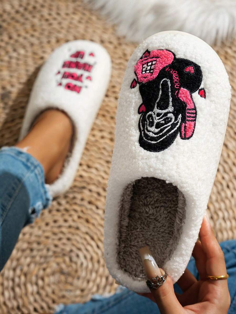 Dép đi trong nhà họa tiết thêu mặt ma và chữ điện thoại Halloween mới, giày đi trong nhà ấm áp cho các cặp đôi, mềm mại cho nữ, mùa đông - Nhiều màu - Xem 1