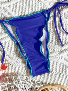 新款沙滩泳池派对时尚性感蓝色纯色蕾丝系带比基尼开衩泳衣，女士夏季度假必备 - 藍色 - 查看 5