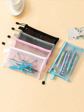 12 piezas/1 pieza Bolsa organizadora de cosméticos con cremallera de gran capacidad, esencial para vacaciones y viajes, para cables, auriculares, teléfonos; Estuche de papelería minimalista, excelente para viajes de verano, vacaciones, festivales; Estuche para lápices de super gran capacidad (color aleatorio)