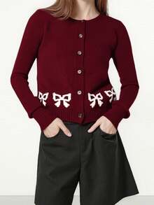 Women's Crew Neck Knit Cardigan Long Sleeve Bow Print Ribbed Hem Button Down Sweater Outwear - Burgundy - View 2