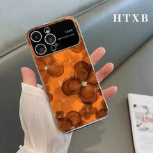 Funda para teléfono con diseño de flores y líneas naranjas electrochapadas | Protector de pantalla AG Frosted Large View Window 2 en 1 para phone 17, 17 Pro, 17 Pro, 16 Pro, 16 Pro, 16 Plus, 16, 15 Pro, 15 Pro, 15 Plus, 15, 14 Pro, 14 Pro, 14 Plus, 14, 13 Pro, 13 Pro, 13, 12 Pro, 12 Pro y 12 Series. Diseño elegante, calidad premium, material duradero y protector. Funda, Entusiastas de la tecnología, Propietarios de smartphones - Negro - Ver 2