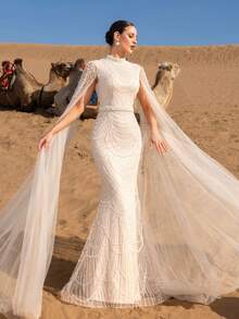 Faeriesty Haute Glamour Luxury Sparkly Beaded Sequin Evening Gown With Wave Pattern Embroidery & Crystal Accents - Tulle Cape Sleeves & Floor-Length Cascading Skirt For Galas, Wedding Banquets & High-End Red Carpet Events For Women - Màu be - Xem 6
