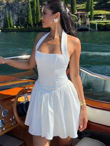 All-White Halterneck Street Sexy Backless Dress Vacation A Hem Slim Frilled Hem Dress