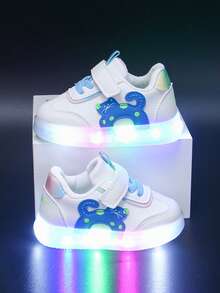 1 双男女通用卡通图案 PU 钩环设计夜光防滑时尚可爱流行学生运动鞋，适合秋季 - 藍色 - 查看 1