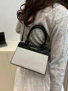 极简通勤包，撞色女士手提包，新设计，大容量，单肩包和斜挎包，时尚& - 黑色 - 查看 8