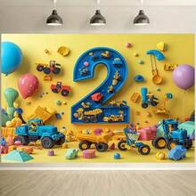 1pc 2D Vivid Construction Truck & Balloon Backdrop, 5.08cm Design - Ideal For Birthday Parties, Outdoor Celebrations & Festivals - Durable Polyester Material, No Electricity Required, Birthday Party Decor | Colorful Party Banner | Easy Setup Backdrop, Birthday Party Decoration