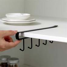 No-Drill Shelf Mug Hanger – Under Cabinet Coffee Cup Holder With 6 Hooks, Multi-Purpose Hanging Rack For Utensils, Keys, Scarves, Ties & Belts, Space Saving Kitchen Storage Organizer For Home Use - 黑色 - 查看 8