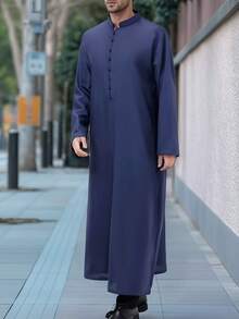 Men's Solid Long Sleeve Stand Collar Arabian Robe - Navy Blue - View 4