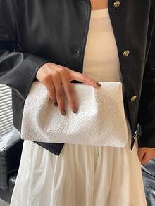 新款时尚纯色手拿包、褶皱云朵包、纯色休闲信封包、化妆包、旅行配件包、内衬包、洗漱包、收纳袋 - 白色 - 查看 2