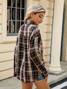 Damski kardigan z długim rękawem, z klapami w kratę, w kontrastowym kolorze, zapinany z przodu na guziki, swobodna, modna kurtka uliczna, wiosna/jesień - Brązowy - Zobacz 4