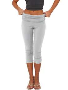 Fold Over Capri Yoga Pants For Women Low Rise Knee Length Stretch Leggings Summer Cute Going Out Crop Pants Streetwear - 灰 - 查看 3