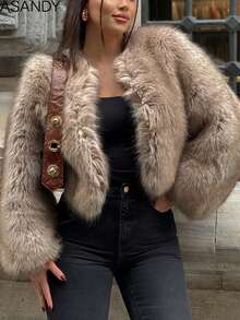 Women's Round Neck Loose Short Faux Fur Fashion Casual Jacket - Khaki - View 3