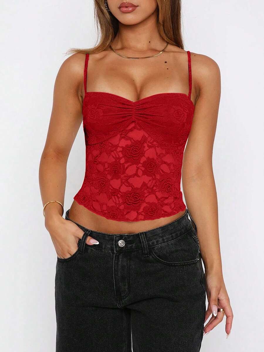 Women's Summer Lace Cami Tops Sleeveless Ruched Front Solid Color Camisole Slim Fit Tank Tops - 紅色 - 查看 1