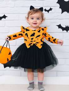 Baby Girls Halloween Autumn New Bat Printed Mesh Dress