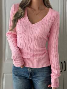 Sunny Girly Christmas Fall Women Clothes Y2K Back To School Casual And Versatile Solid Color V-Neck Long-Sleeved Sweater