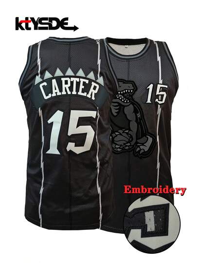 KTYSDE 男士15号复古篮球背心，恐龙卡通图案印花+刺绣宽松无袖圆领背心，适合篮球、运动、跑步、街头穿着，男女通用