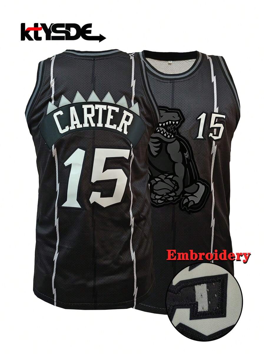 KTYSDE 男士15号复古篮球背心，恐龙卡通图案印花+刺绣宽松无袖圆领背心，适合篮球、运动、跑步、街头穿着，男女通用黑色春季款 - 黑色 - 查看 1