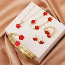 5 Pieces Of Popular Lucky Clover Fashion Lucky Stud Necklace Bracelet Ring Five-Piece Set With Five-Petal Flowers, Suitable For Parties And Festivals