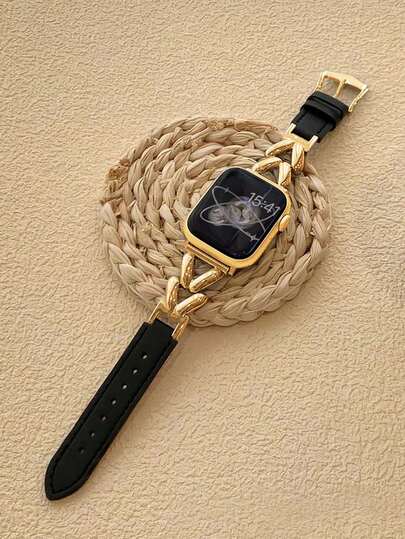 1pc Compatible With Apple Watch Band, Women's Leather Black & Gold Metal Chain Strap, Suitable For Apple Watch 38mm/40mm/41mm/42mm/44mm/45mm, Fashionable & Creative Design, Suitable For Wrist Circumference 155cm-205cm For Apple Watch Ultra 3/2/1 Series SE /S11/S10/S9/S8/S7/S6/S5/S4/S3/S2/S1 Women Strap