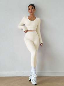 FWH 休闲优雅可爱健身户外跑步瑜伽普拉提高腰多功能紧身打底裤，简约舒适弹力高品质提臀蜜桃臀塑形运动服两件套