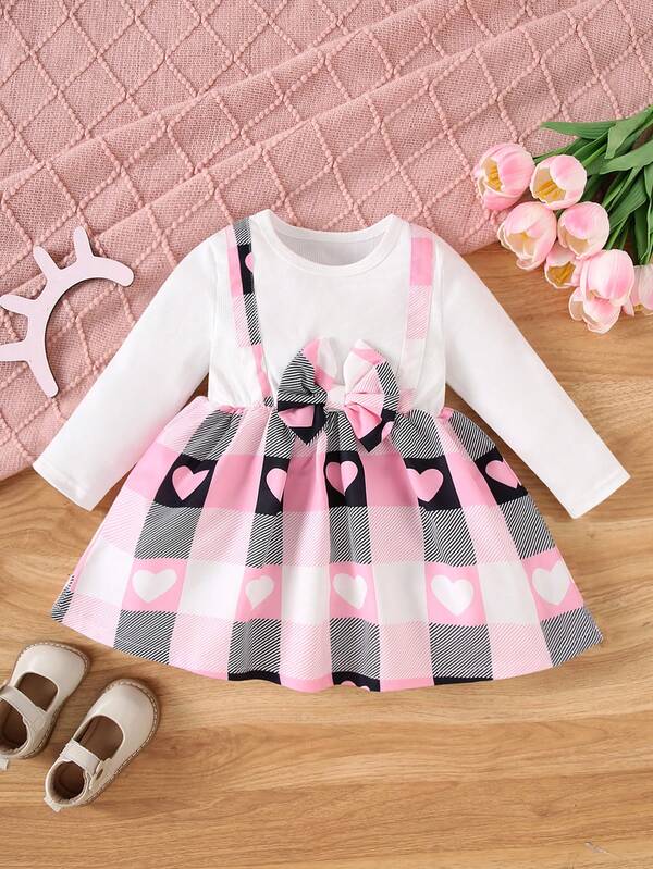 Infant Girls Autumn Winter Stylish Dress With Bow Decor, Toddler Girls Long Sleeve Heart Print Plaid Pinafore Dress