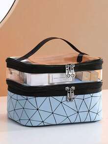 1 Piece Double Layer Large Capacity Cosmetic Bag Transparent Solid Color Toiletry Bag Portable Large Capacity Travel Cosmetic Storage Bag Beauty Tool Storage Bag Storage Cosmetic Storage Box Cosmetic Box Make Up Bag - Multicolor - View 19