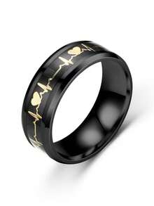 黑色不锈钢心电图戒指配碳纤维镶嵌黄金心电图戒指爱情宣言男女结婚戒指 - 黑色 - 查看 2