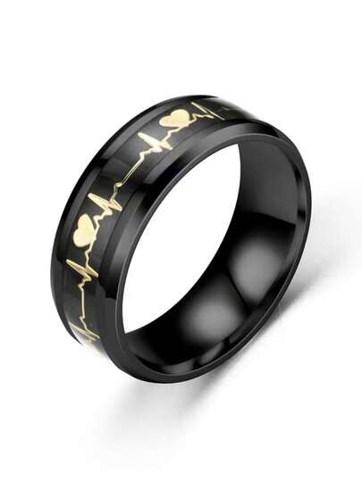 黑色不锈钢心电图戒指配碳纤维镶嵌黄金心电图戒指爱情宣言男女结婚戒指